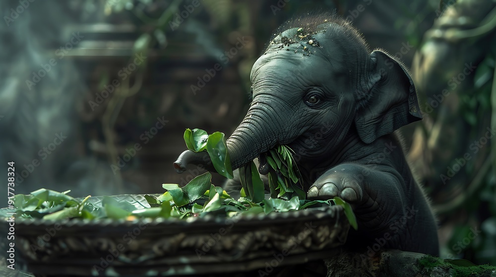 A gray baby elephant eats greens off the ancient table A gray baby elephant eats greens off the ancient table