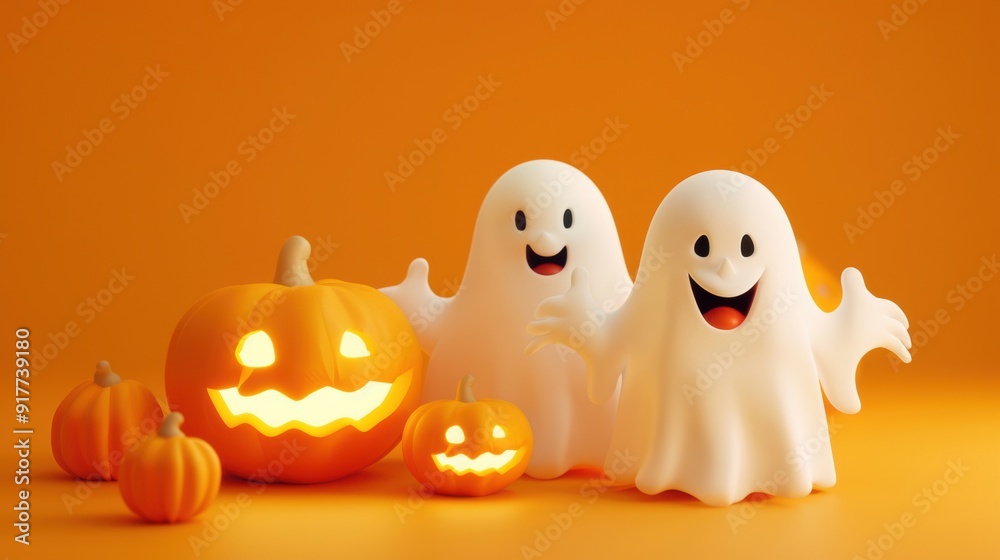 A cute 3D cartoon ghost and pumpkin set against an orange background, capturing the playful and festive spirit of Halloween A cute 3D cartoon ghost and pumpkin set against an orange background, capturing the playful and festive spirit of Halloween