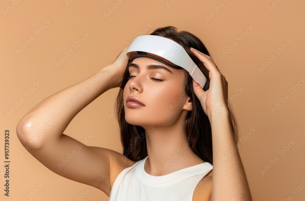 A young Caucasian woman enjoys relaxation with a modern head massager on a beige background. She appears calm and content with her eyes closed. A young Caucasian woman enjoys relaxation with a modern head massager on a beige background. She appears calm and content with her eyes closed.