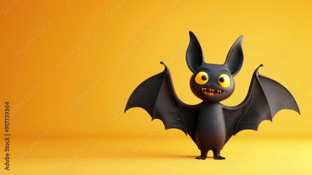 A playful Halloween design featuring a cute 3D cartoon black bat against an orange-yellow background, capturing a fun and festive mood A playful Halloween design featuring a cute 3D cartoon black bat against an orange-yellow background, capturing a fun and festive mood