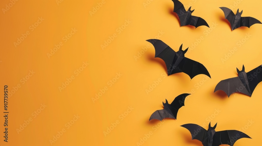 A playful Halloween-themed design featuring cute black paper-cut bats on an orange background with space for text or writing A playful Halloween-themed design featuring cute black paper-cut bats on an orange background with space for text or writing