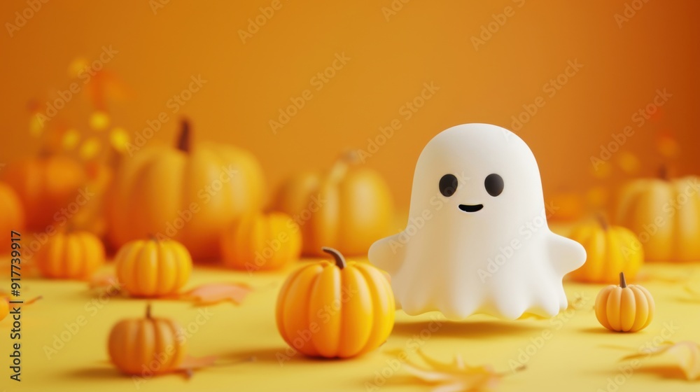 A Halloween poster featuring a cute 3D cartoon ghost and pumpkin on an orange background, creating a festive and playful atmosphere A Halloween poster featuring a cute 3D cartoon ghost and pumpkin on an orange background, creating a festive and playful atmosphere