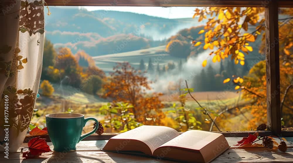 Book and coffee placed by a window overlooking an autumn landscape, creating a warm and cozy reading nook with vibrant fall colors
 Seamless looping 4k time-lapse virtual video animation Generated AI