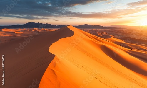 Fototapeta Naklejka Na Ścianę i Meble -  Huge sand dunes in the endless desert, bathed in golden sunlight