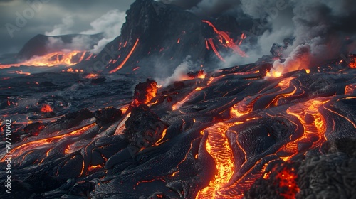 Lava channels carving through volcanic rock formations during an eruption, with explosive bursts of magma and swirling smoke.