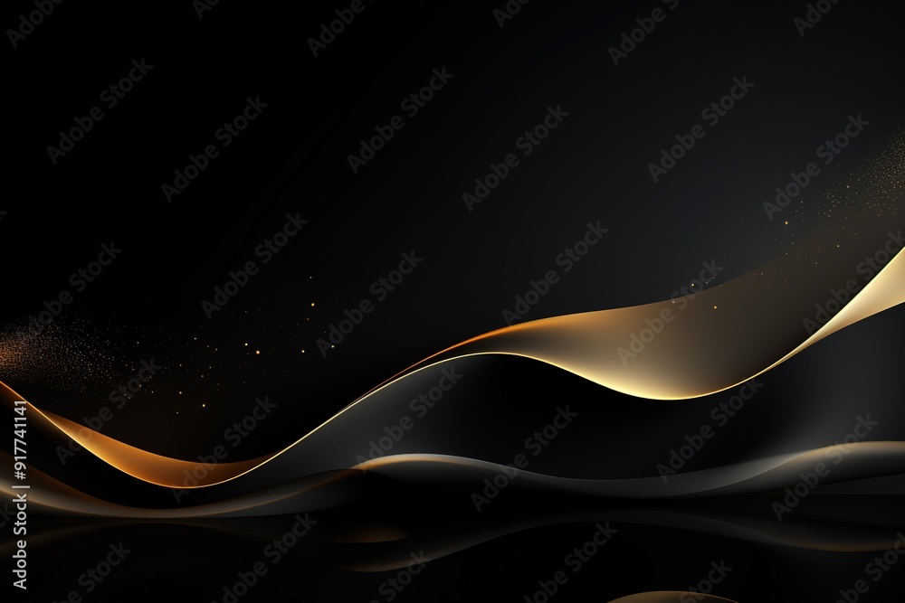 Abstract black and gold wavy background with glowing particles.