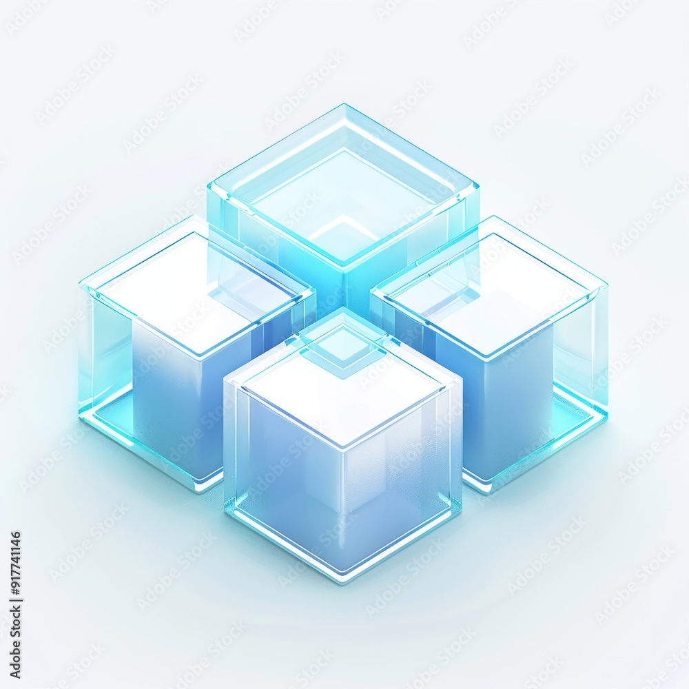 Obraz premium A 3D blue gradient transparent cube icon set against a white background represents modern design and technological sophistication