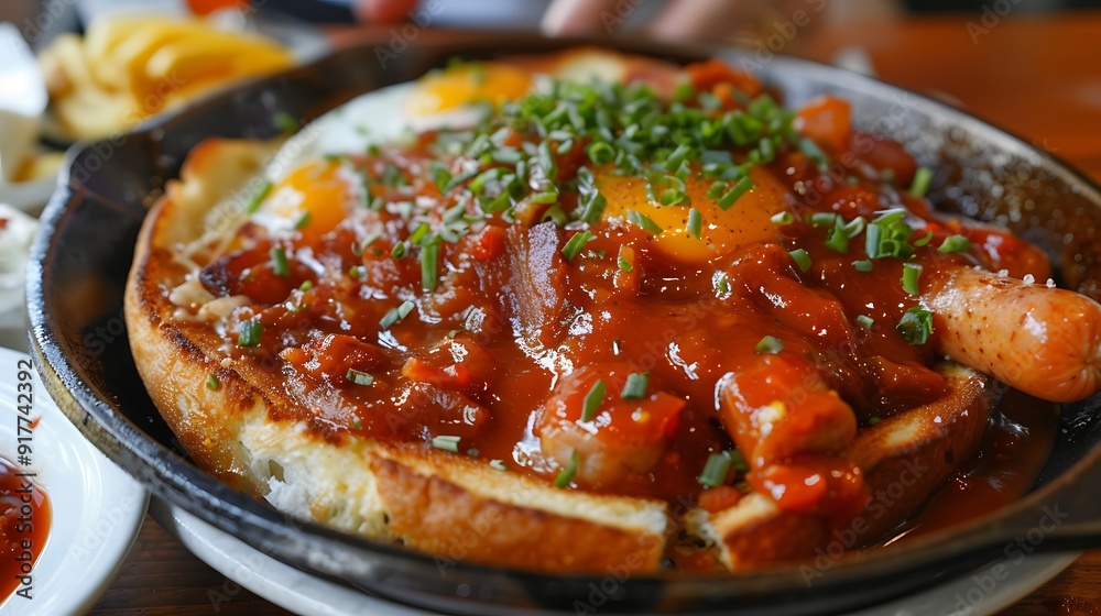 A hefty meal consisting of sausages bacon egg batter and tomato sauce A hefty meal consisting of sausages bacon egg batter and tomato sauce