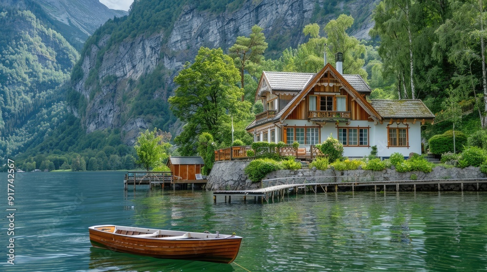 Naklejka premium Lakeside house with mountain backdrop and boat on water.