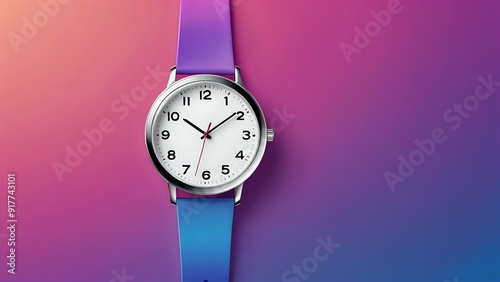 a silver wristwatch with a white face and black numbers. It has a purple and blue rubber band. The watch is on a colorful background. photo