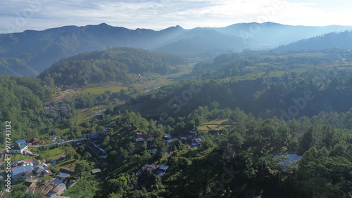 Wide aerial view of hills and mountains