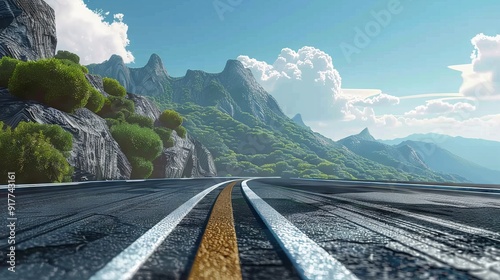 close up profile shot of a road against a guiling china inspired landsape with mountains and blue sky, realistic photo