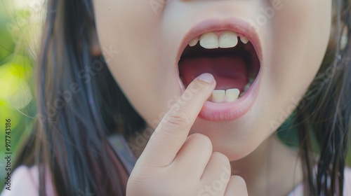 Close-Up of a Crop Unrecognizable Child Opening Mouth Wide and Touching Tooth with Finger, Highlighting Curiosity and Dental Exploration photo