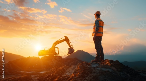 Construction Worker Overseeing Excavator at Sunset