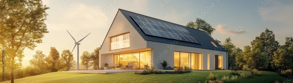Modern eco-friendly house with solar panels and wind turbine, surrounded by lush greenery under a beautiful sunset. Modern eco-friendly house with solar panels and wind turbine, surrounded by lush greenery under a beautiful sunset.