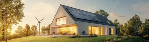 Modern eco-friendly house with solar panels and wind turbine, surrounded by lush greenery under a beautiful sunset.