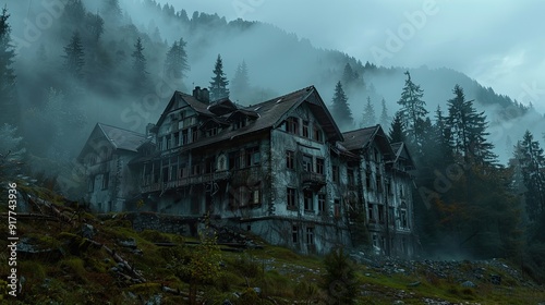 A dilapidated haunted hotel on a foggy mountain with ghostly guests visible in the windows