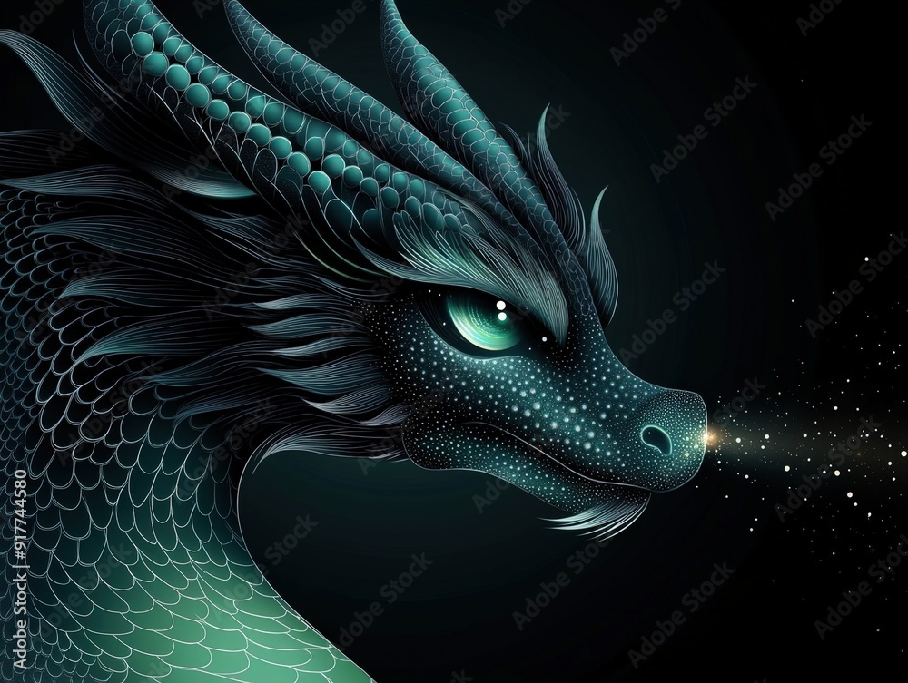 Majestic dragon exhaling shimmering sparks against a dark cosmic backdrop Majestic dragon exhaling shimmering sparks against a dark cosmic backdrop