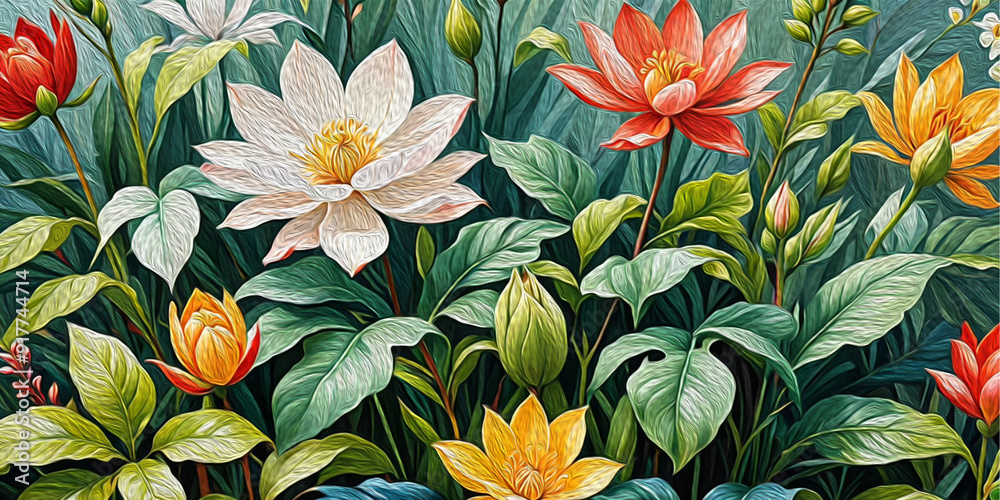 Oil painting . Artistic brush strokes. Botanical pattern for printing on wall decorations. Generated by Ai Oil painting . Artistic brush strokes. Botanical pattern for printing on wall decorations. Generated by Ai