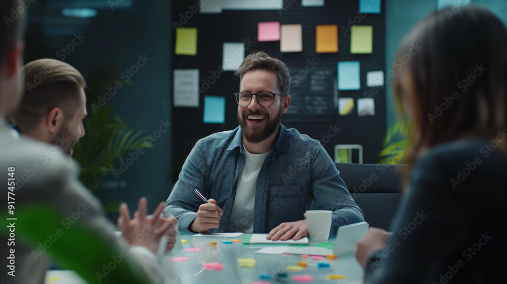Fototapeta premium A group of four people are sitting around a table in a meeting