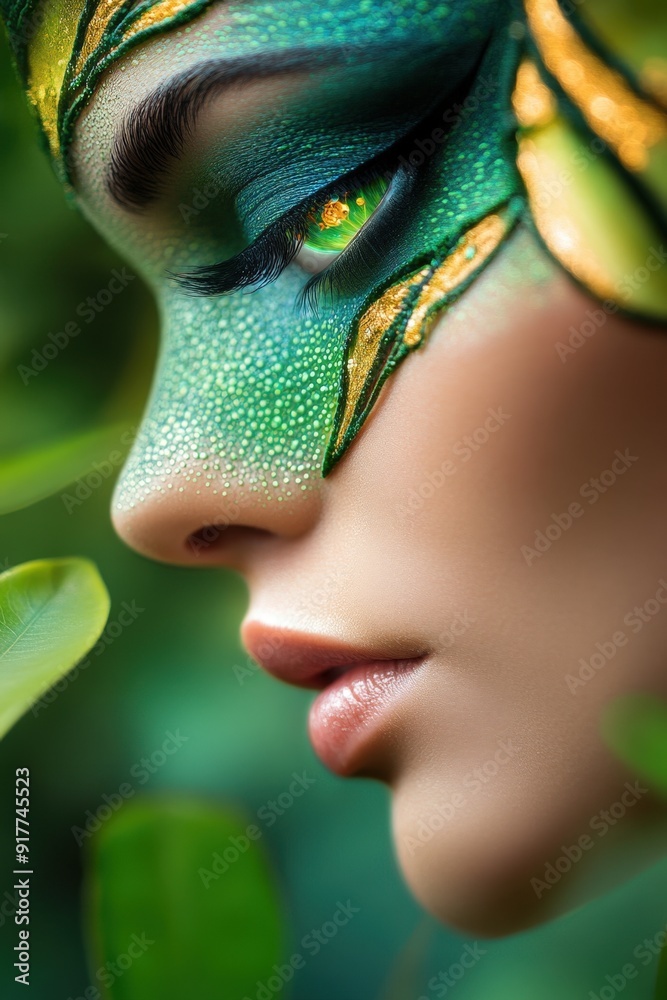 Enchanting model with vibrant green makeup amidst lush foliage in a dreamy setting