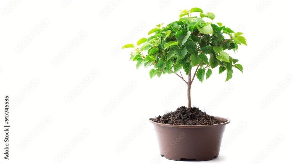 Young potted plant with green leaves isolated Young potted plant with green leaves isolated