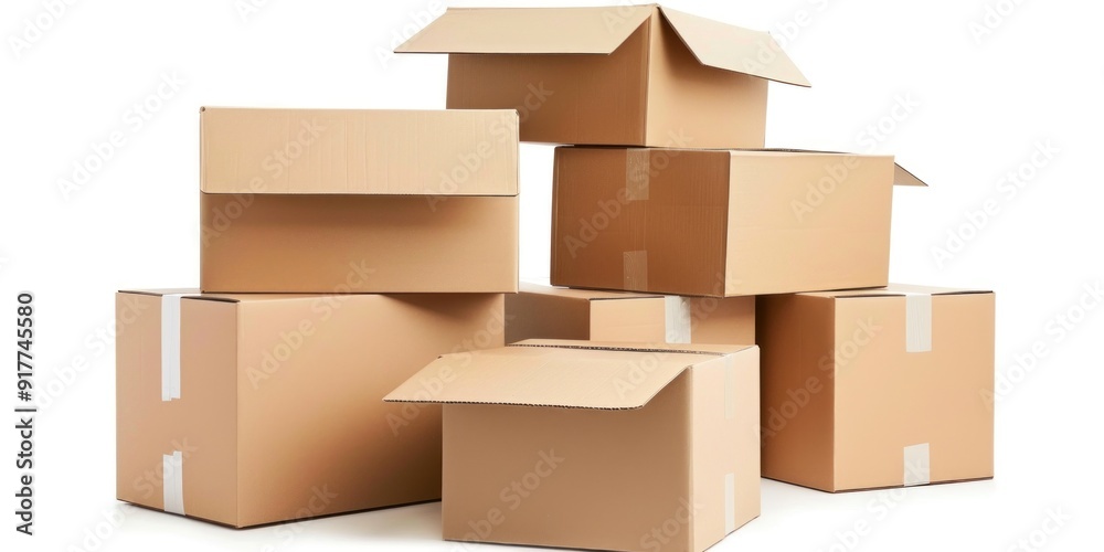 A group of cardboard boxes in various sizes stacked together, some open and others closed, on a white background. Ideal for concepts related to moving, packaging, or shipping. A group of cardboard boxes in various sizes stacked together, some open and others closed, on a white background. Ideal for concepts related to moving, packaging, or shipping.