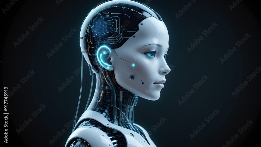 Futuristic AI digital interface showing a glowing humanoid profile with circuits and connections Futuristic AI digital interface showing a glowing humanoid profile with circuits and connections