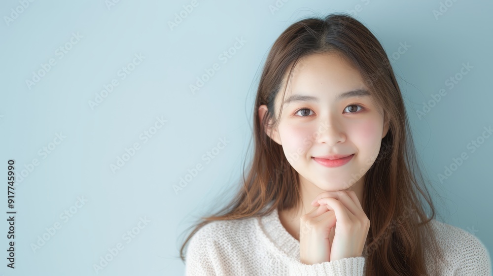 Smiling woman in cozy sweater against blue background