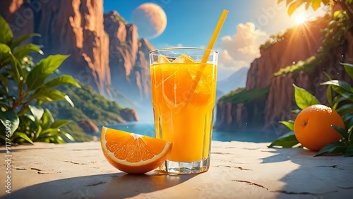 A glass of orange juice with ice and a straw, next to a half slice of orange, set on a stone surface with a background of mountains and a lake.