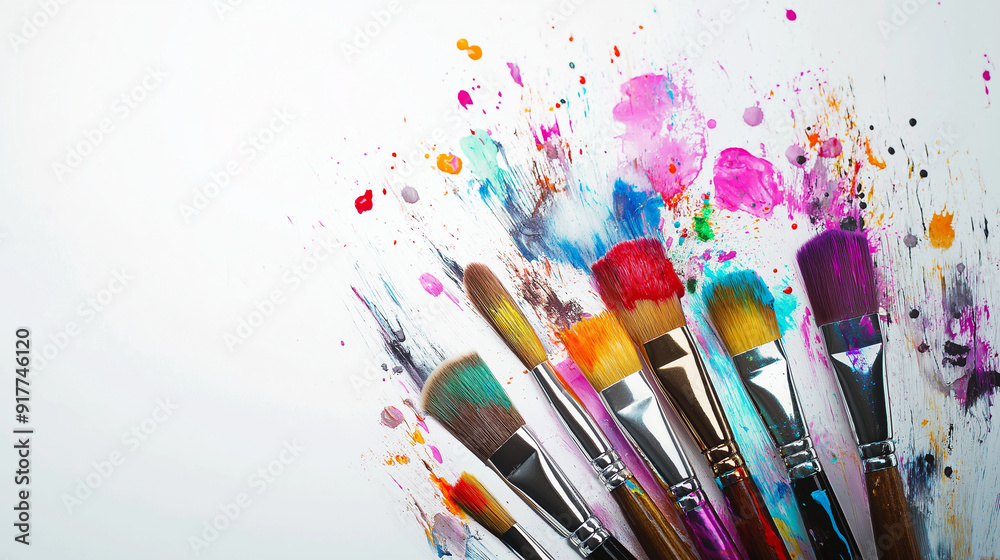 A collection of paintbrushes with colorful splashes and strokes on a white background, leaving space for a title or message
