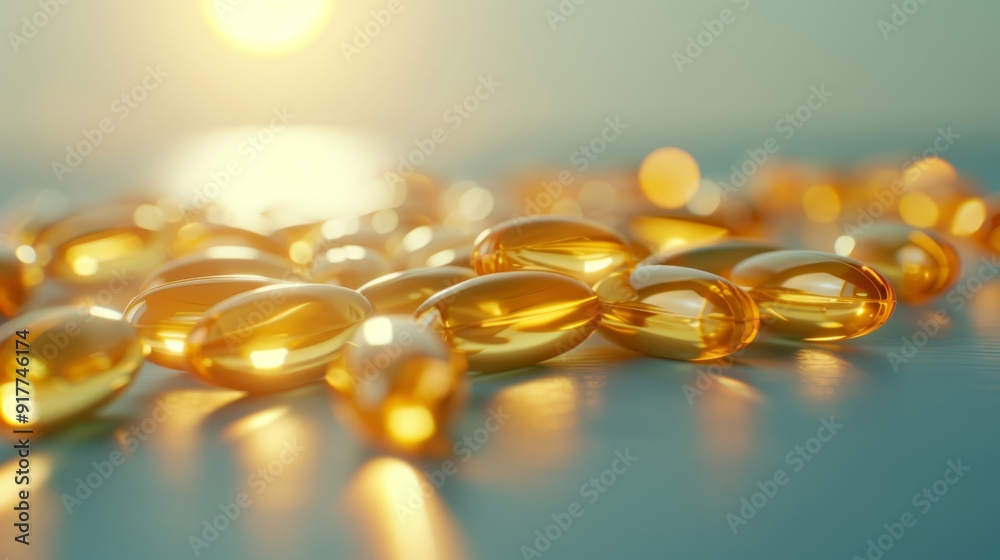 Vitamin D Capsules on Reflective Surface with Sunlight Vitamin D Capsules on Reflective Surface with Sunlight