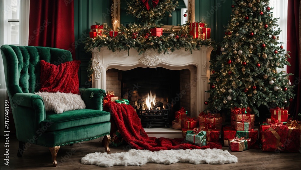 Christmas interior room fireplace, Christmas tree, green chair with a red blanket and gifts Christmas interior room fireplace, Christmas tree, green chair with a red blanket and gifts