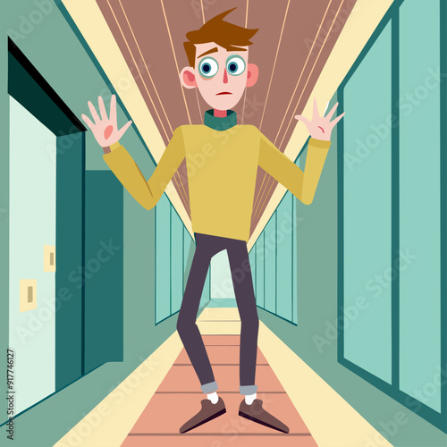 3D style cartoon character of a young man in a yellow sweater, tiptoeing with a cautious expression, eyes wide, and hands raised slightly for balance