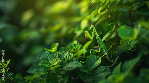 A praying mantis camouflaged among green foliage. photo