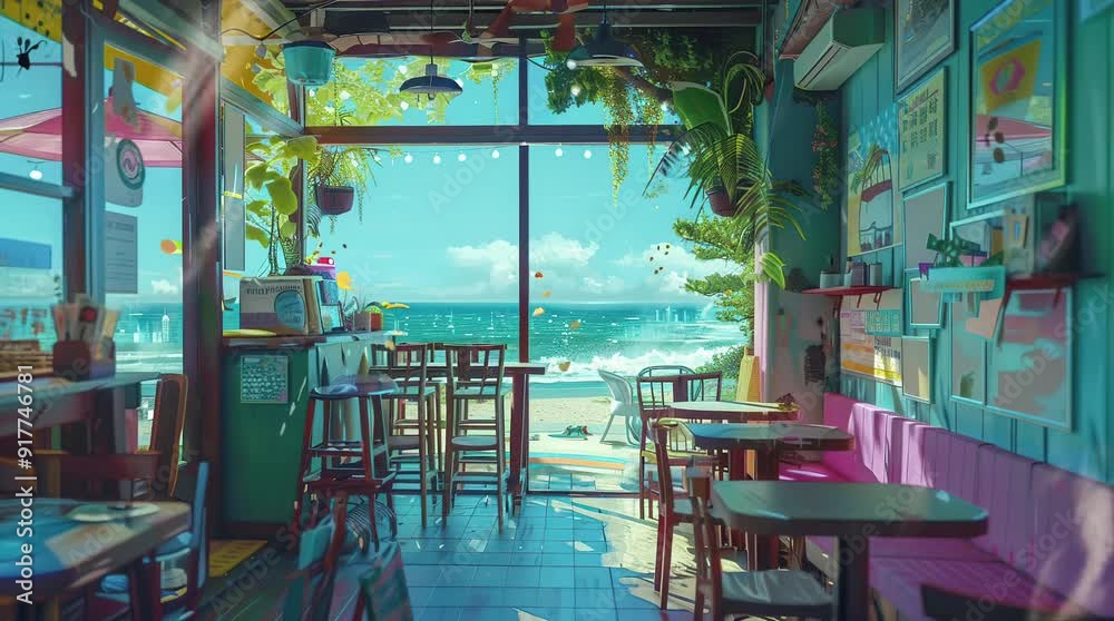 Cozy café interior by the beach with sunlight streaming in on a bright, sunny day.
  Seamless looping 4k time-lapse virtual video animation Generated AI
