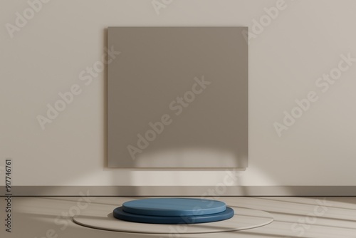 Premium minimalist geometric podium with abstract shadow for presentation, blue background, 3d illustration.