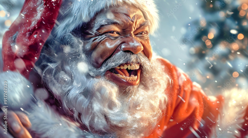 Obraz premium A jubilant dark-skinned Santa Claus slips down a snowy mountain, joyfully shouting amidst a winter wonderland filled with festive magic