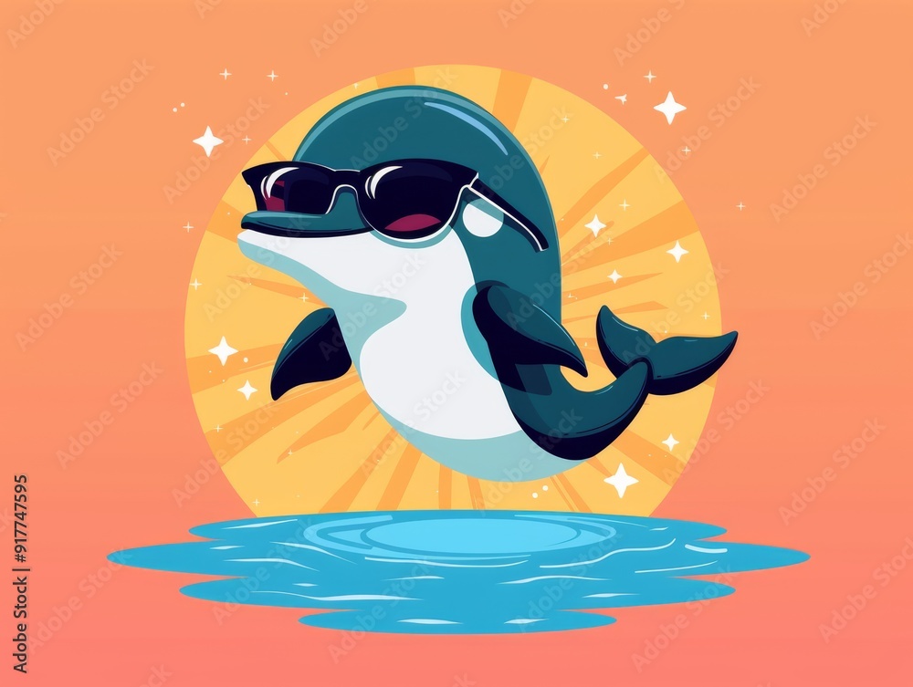 Dolphin wearing sunglasses jumping from ocean at sunset Dolphin wearing sunglasses jumping from ocean at sunset