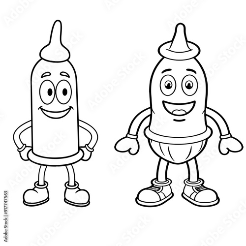 Cartoon condom characters for children's colouring book. Vector outline funny illustration for sex education