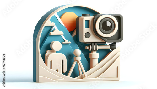 3D Flat Icon of Individual with GoPro Camera and Tripod for Adventure Travel Photography with Copy Space on White Background