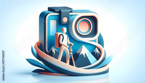 3D Flat Icon of Individual with GoPro Camera and Tripod for Adventure Travel Photography Concept on White Background