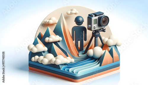 Exploration concept: 3D flat icon person with GoPro camera on mountain view tripod for adventure travel photography with copy space