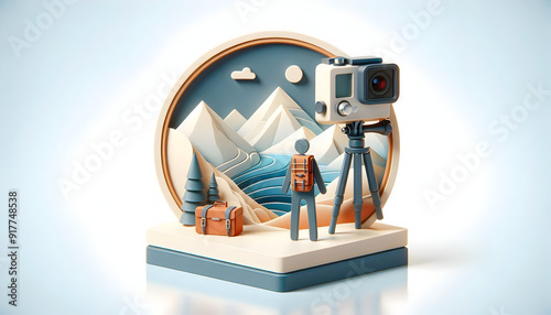 3D Flat Icon of Individual with GoPro Camera and Tripod for Adventure Travel Photography with Copy Space