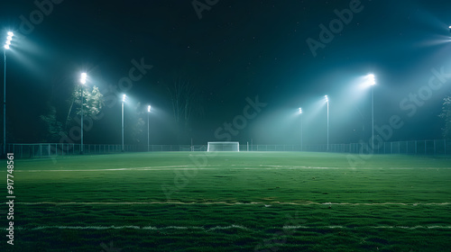 A soccer field with two lights shining on it