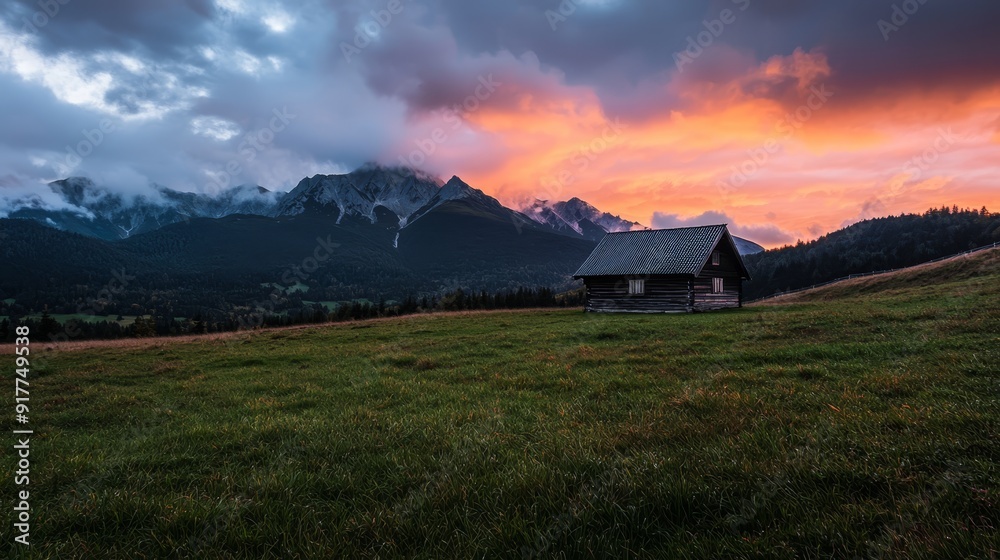 A cabin rests atop a grassy hill, framed by mountains in the backdrop Sunset colors paint the distant mountains as the sun descends A cabin rests atop a grassy hill, framed by mountains in the backdrop Sunset colors paint the distant mountains as the sun descends