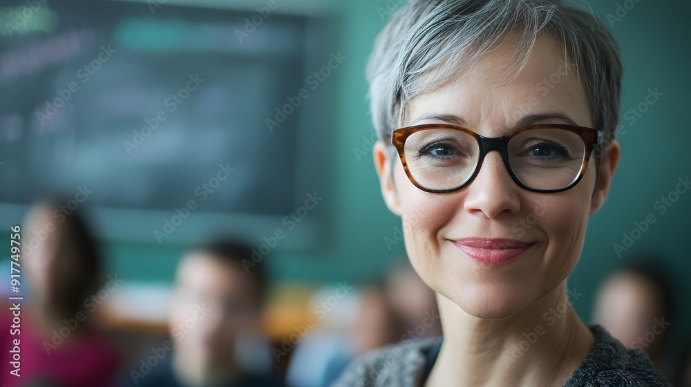 Teacher's Face in a Classroom: A teacher's face, warm and approachable, with a chalkboard behind and students blurred in the background.
Teacher's Face in a Classroom: A teacher's face, warm and approachable, with a chalkboard behind and students blurred in the background.
