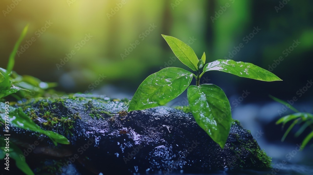 A tiny plant emerges from a rock in a flowing stream, speckled with water droplets A tiny plant emerges from a rock in a flowing stream, speckled with water droplets