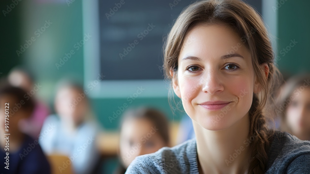 Teacher's Face in a Classroom: A teacher's face, warm and approachable, with a chalkboard behind and students blurred in the background.
Teacher's Face in a Classroom: A teacher's face, warm and approachable, with a chalkboard behind and students blurred in the background.