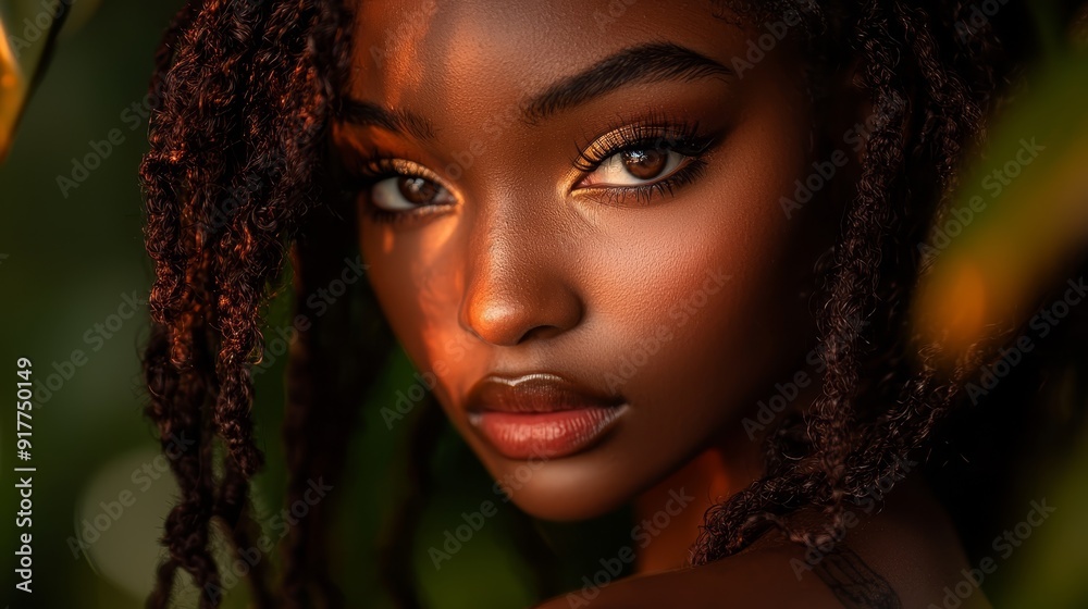 A tight shot of a woman with dreadlocks against a backdrop of a green plant A tight shot of a woman with dreadlocks against a backdrop of a green plant